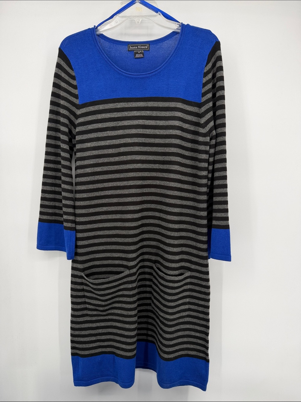 Jessica Howard Black and Gray Striped Long Sleeve Dress with Royal Blue M